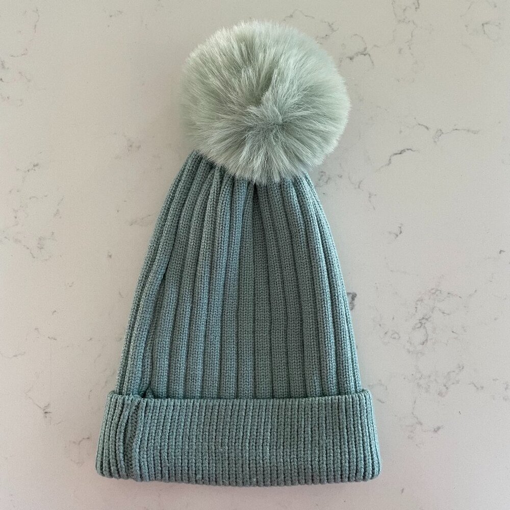 LA Express Ribbed Knit Cuffed Acrylic Toque/Beanie w Pom Pom Soft Mint Green OS